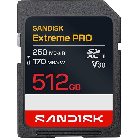 Tarjeta SD Sandisk Extreme Pro UHS-I de 512 GB, velocidad de lectura/escritura de 250 MB/s /