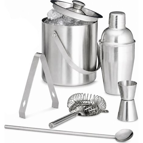 7-piece cocktail set for home bartenders, includes shaker with strainer, ice tongs, jigger, ice bucket, and spoon (1/5)