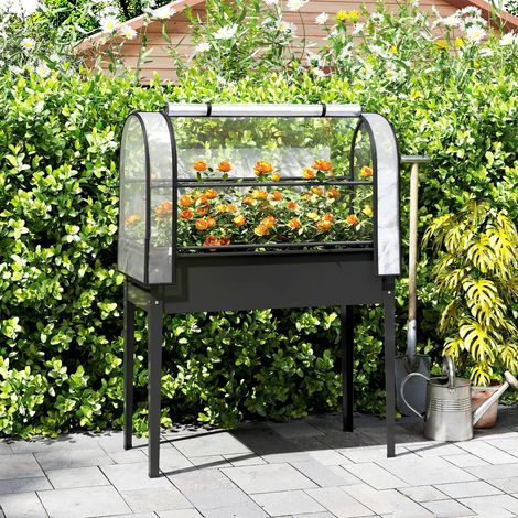 Outsunny Potager sur Pieds avec Serre Rabattable - Jardinière Surélevée en Métal avec Trou de Drainage, 100x49x136cm, Noir