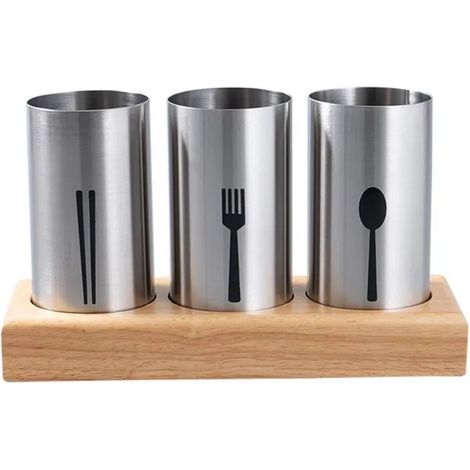 Porte-couverts en acier inoxydable avec plateau en bambou, organisateur d'ustensiles pour cuillères, couteaux et fourchettes (1/5)