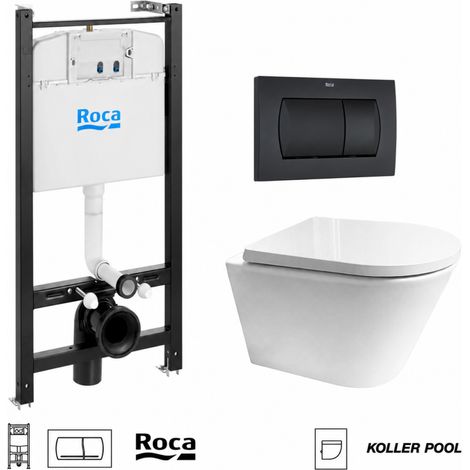 Pack WC Bastidor empotrado ROCA Active cisterna y pulsador negro mate con inodoro suspendido Tornado Orion tapa envolvente de Koller Pool (1/5)