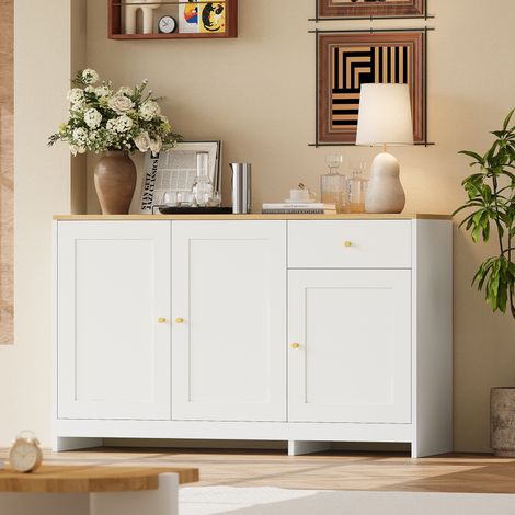 Credenza in MDF e truciolare bianco e naturale, 3 ante, 1 cassetto, 3 ripiani regolabili, 120x40x75 cm
