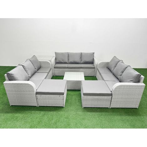 Fimous PE Rattan Lounge Sofa Set 11 Seater Outdoor Garden Furniture Set with Square Coffee Table 3 Seater Sofa 2 Big Footstools Side Table Light Grey (1/4)