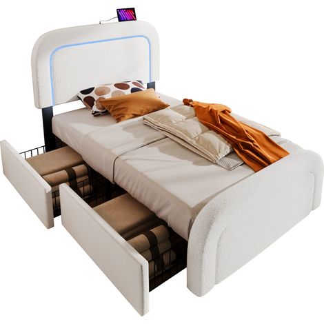 Lit capitonné 90x200 avec USB Type-C, LED intégrée, 2 tiroirs réversibles et tête de lit réglable, revêtement sherpa blanc pour chambre moderne confortable CHICFURN (1/5)