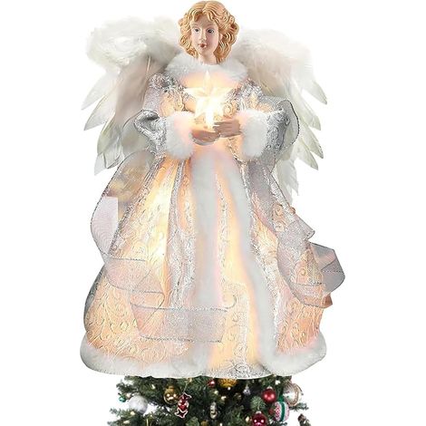 2 pezzi di puntale per albero di Natale a forma di angelo, statuetta per puntale, decorazione per interni con ali di piume, 12,6 pollici (argento)