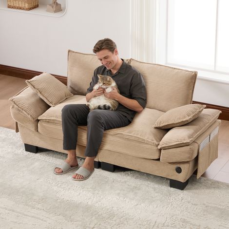 Canapé modulaire 2 places en corde, assise large et design ergonomique, mousse haute densité, ports USB-C et poches latérales. Idéal pour salon, bureau ou lounge, couleur kaki.