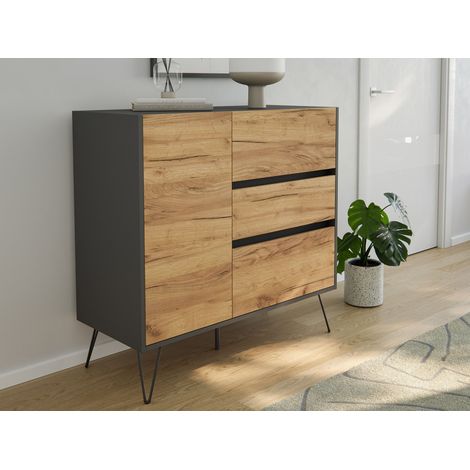Sideboard Yako XL 100cm 3 SoftClose 1 Tür Grafit/Eiche Front