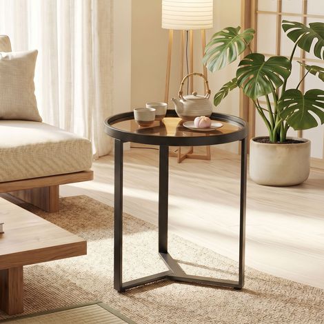 Table ronde d'appoint en verre trempé avec piètement métallique géométrique pour petits espaces, noir (1/5)