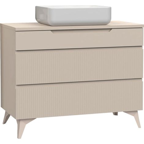Meuble Vasque 100cm 3 tiroirs beige façades relief à stries verticales pieds métal - JANEIRO BEIGE (1/5)