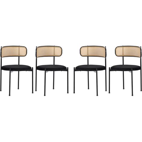 Silla de comedor de terciopelo negra, juego de 4, respaldo de ratán, patas de metal (1/5)