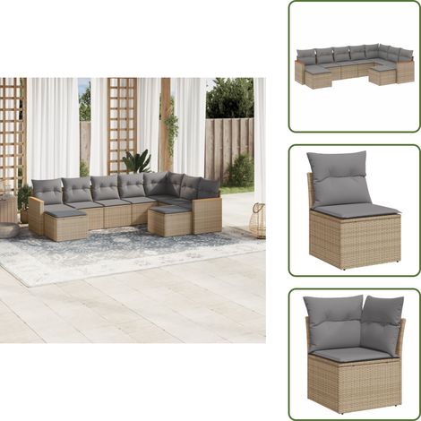 9-tlg. Garten-Sofagarnitur mit Kissen Beige Poly Rattan - Gartenmöbel - Outdoor-Lounge - Rattan Lounge Set - Gartensorte - Balkonmöbel (1/5)