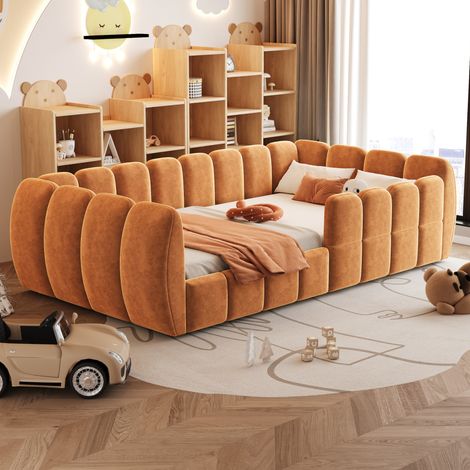 Lit enfant 90x200 cm au sol rembourré, design fermé avec coins arrondis, pour chambre, velours - orange (1/5)