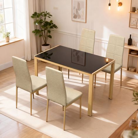 Ensemble Table à Manger avec 4 Chaises en Cuir Synthétique, Plateau Rectangulaire en Verre Trempé, 120x70x75cm, Naturel (1/5)