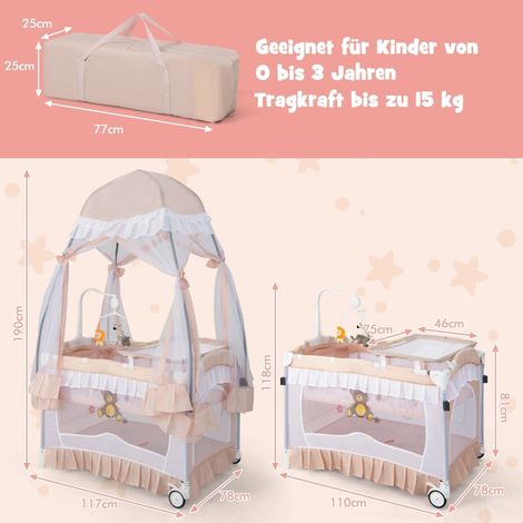 4-in-1 Baby-Reisebett mit Verdeck, Matratze, Rosa