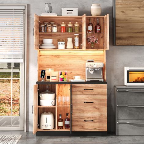Credenza cucina moderna 105x40x180 cm, illuminazione LED regolabile, prese EU, MDF, colore neutro (1/5)