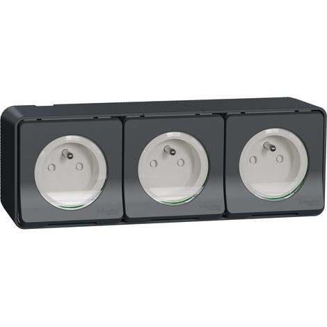 Mureva Styl - Dreifachsteckdose PC 2P+T waagerecht vorkonfektioniert - Aufputz - IP55 - IK08 - grau - SCHNEIDER ELECTRIC - MUR36037 (1/2)