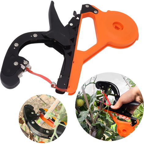 Orangefarbene, ellenbogenförmige Rankenbindemaschine, Bindewerkzeug, Nägel und Klebeband zum Anbinden von Tomaten-, Gurken-, Wein- und Gemüseranken. (1/5)