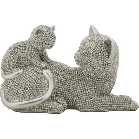 Scultura gatto Sparky con cucciolo in resina argento