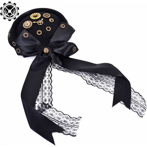 Dark Steampunk Gear Top Hat, Gothic Bow Lace Hat Headpiece, Holiday Party Hair Clip (1/3)