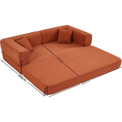 Canapé convertible 3 places en velours côtelé orange avec coussins et accoudoirs repositionnables (1/5)