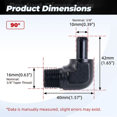 Aluminum 45°/90° hose barbed push-in oil/gas pipe reducer adapter - 3/8-3/8-90° (1/4)