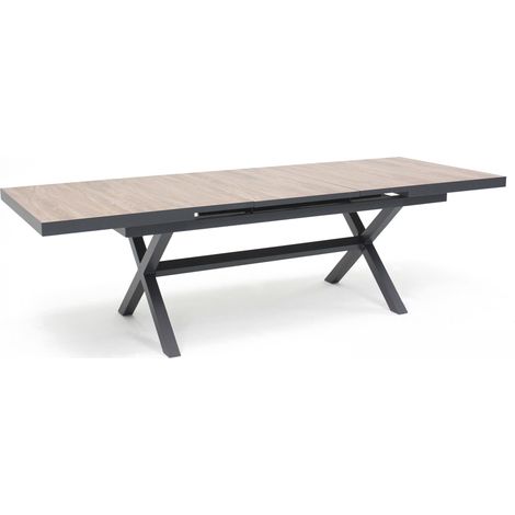 Oviala – Table de jardin extensible 10 places en aluminium gris foncé – Plateau en céramique imitation bois – Mécanisme de rallonge automatique – Entretien facile