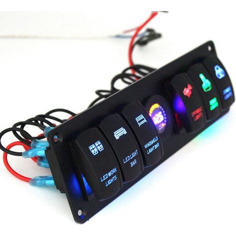 Panneau de 6 interrupteurs à bascule LED coloré avec voltmètre pour camping-car, voiture, bateau (1/5)