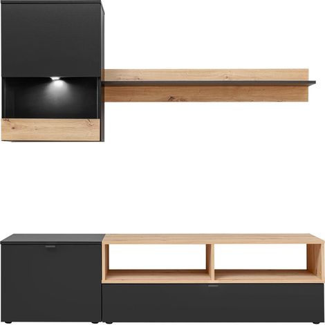 Dusine – Ensemble meuble TV noir mat et bois Artisana 275 cm – 2 portes et 2 niches – Étagère intégrée – Spot LED inclus (1/4)
