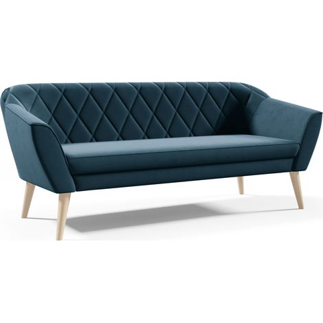 Sofello Sofa 3 Sitzer -- FOX -- Blau Sitzbank Samt Holzfüße Schnelle Lieferung skandinavischer Stil - schöne Steppung (1/3)
