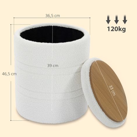 Pouf coffre Sherpa à couvercle amovible, siège cylindrique pour séjour et chambre, teinte blanche, rangement intégré (1/5)