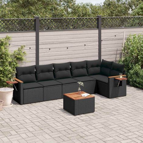 Salon de jardin modulable 7 pièces en résine tressée noire avec coussins, table en bois d’acacia et accoudoirs pliables (1/5)