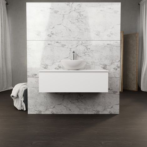 Inda - Badezimmerschrank B.100 mit Aufsatzwaschbecken / Mattweiß 1 Schublade - Rubin