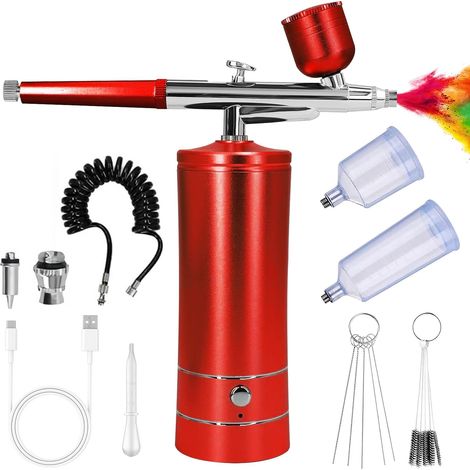Kit Aérographe Multi Fonctions avec Compresseur: Kit Aérographe Sans Fil avec Compresseur d'air, Brosse à Air Rechargeable pour Nail Art, Décoration de Gâteau, Modélisation de Tatouage (Rouge) (1/5)