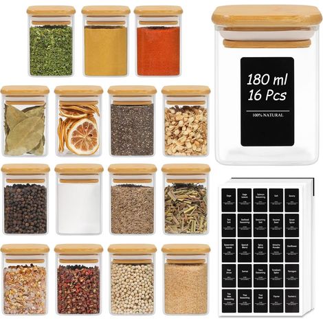 Pots à épices en verre 180 ml, lot de 16 avec couvercles (1/5)