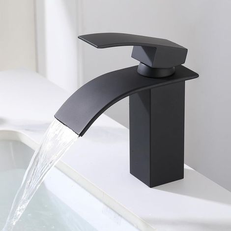 Robinet cascade salle de bain monocommande noir mat – Bec courbé profil bas 17 x 6 x 20,5 cm – Finition épurée et moderne (1/5)
