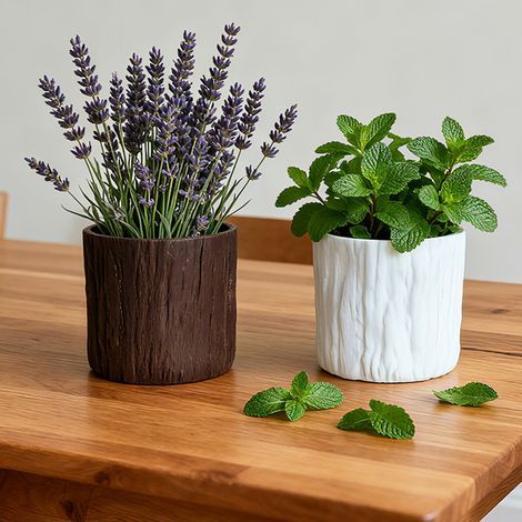 Jardinière créative en forme de souche d'arbre imitation bois — Ornement de bureau et décoration d'intérieur — Hauteur : 11 cm Diamètre de l'ouverture : 10 cm — Blanc (1/3)