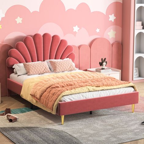 Einzelbett 140x200 cm, Samtstoff, mit Lattenrost, Kopfteil in Blumenform, skandinavischer Stil, Kinderbett - Rot