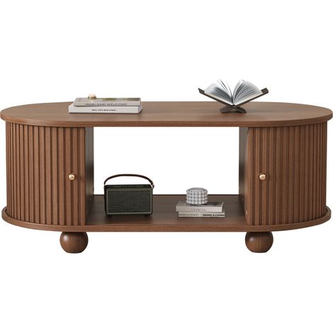 Table basse finition noyer 100 x 50 x 40 cm avec rangement et portes coulissantes, meuble multifonction gain de place avec porte coulissante 360°, 4 pieds (1/5)