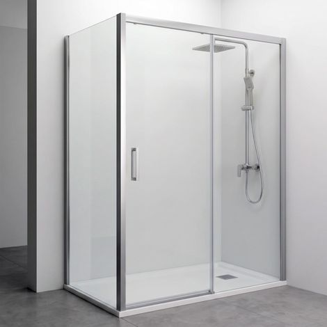 Paroi de douche angulaire 1 coulissante + 2 fixes - Verre 6mm - Argent Brillant - Largeur 145-150 x 67-70cm - Porte gauche - Hauteur 195cm (1/5)