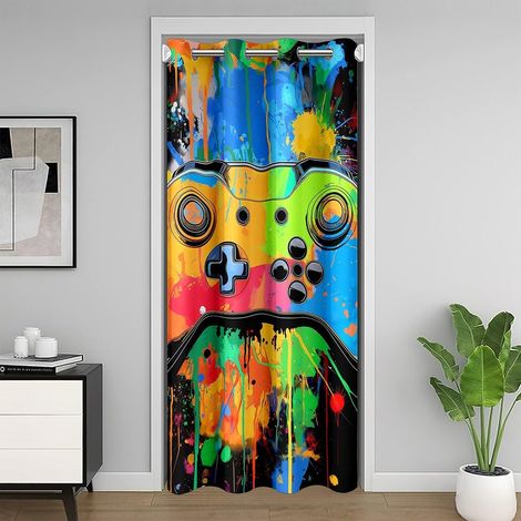 Rideau Occultant Gamepad Rideau de Porte 200x200 Console de Jeu Rideaux Porte Enfants Garçons Hommes Jeux Vidéo Coloré Graffiti Grunge Vert Orange Rideaux de Placard - 106L X 203H cm (1 Panneaux) (1/5)