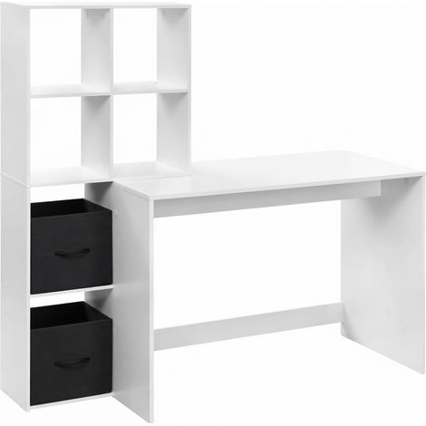 ELVMI Escritorio Recto con Estantería, 6 Compartimentos y 2 Cajas de Tela, Madera, 110 x 50 x 74 cm, Blanco (1/5)