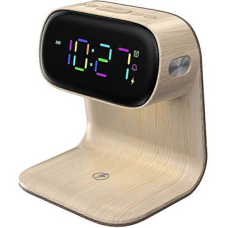 Réveil multifonctionnel avec veilleuse, chargement sans fil, réglage de la luminosité sur trois niveaux et affichage LED indiquant l'heure, la date et la température. (1/5)