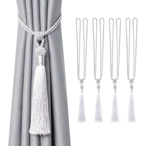 Juego de 4 piezas de alzapaños largos con borlas, sujetadores de cortina con nudo de cuerda tejidos a mano, color gris plateado. (1/4)