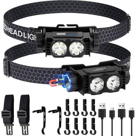Lampe Frontale LED Ultra Puissante, Lampe Frontale Rechargeable USB, 600 Lumens Torche frontale avec 3 Modes D'éclairage, Torche frontale Étanche et Léger, pour Course, Pêche, Cyclisme