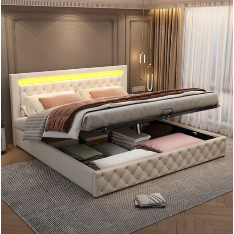 Cama de Almacenamiento con Cabecera LED, Lona PU Blanca y Estructura Estable 180 x 200 cm (1/5)