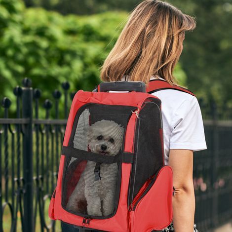 Sac de voyage à roulettes 2 en 1 pour chien et chat, trolley convertible en sac à dos, poignée télescopique, rangements, fenêtres aérées, attache sécurité, 42 x 25 x 55 cm, rouge (1/5)