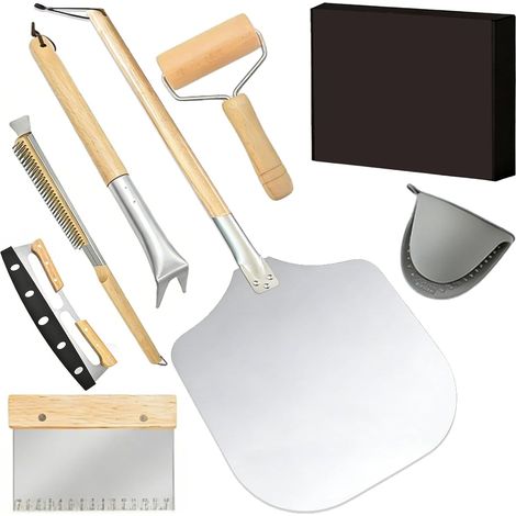 7PCS Kit de Préparation de Pizza Spatule, Brosse, Retourne, Roulette, Rouleau à Pâtisserie, Coupe-Pâte, Gants Résistants à Chaleur (1/5)