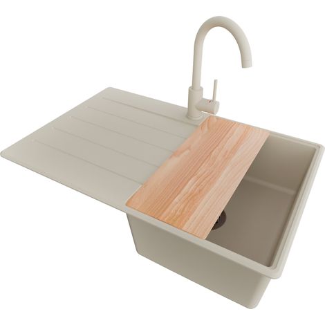 PRIMAGRAN Evier Cuisine en Granit 78x50cm, Lavabo 1 bac + Robinet 32x20cm + Kit de Vidage + Accessoire, Évier à Encastrer au meuble 45cm - Copenhague, Beige (1/5)