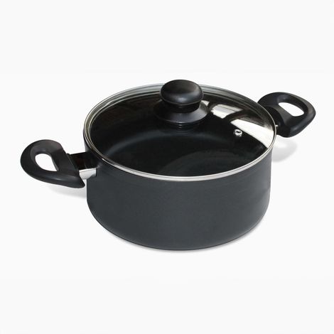 Faitout 20 cm EASY en aluminium forgé avec couvercle en verre, intérieur revêtement anti-adhérent, extérieur noir, manche bakélite avec cache inox, compatible tous feux et induction (1/5)