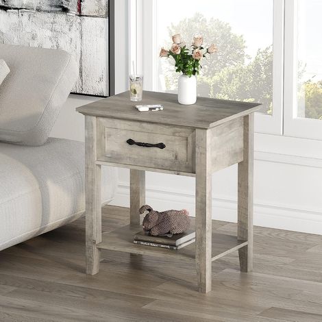 Table de Chevet avec Tiroir et Étagère, Meuble d’Appoint Moderne, Gris (1/5)